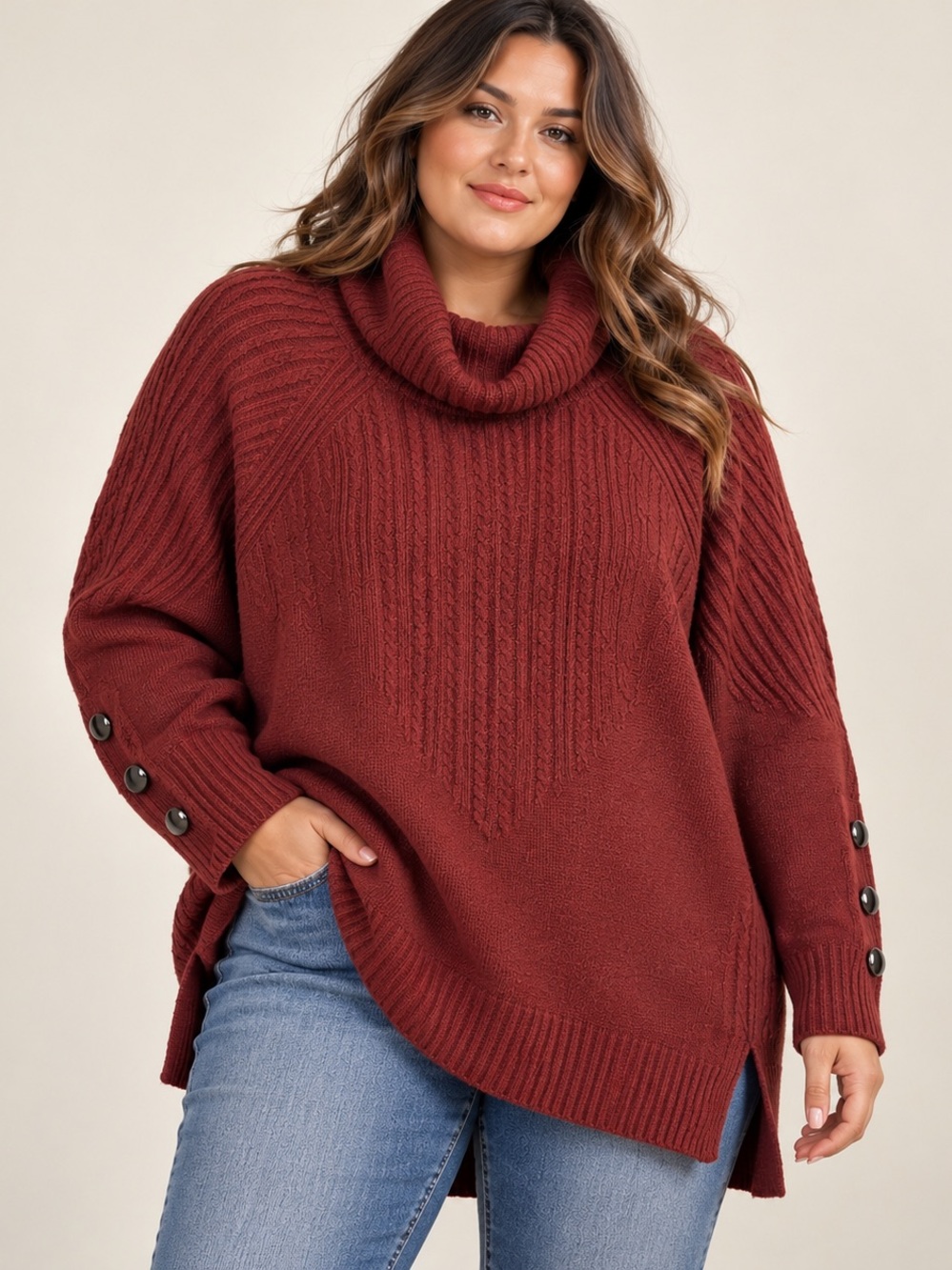 Burgundy Cable Knit Cowl Neck Oversized Tunic Sweater